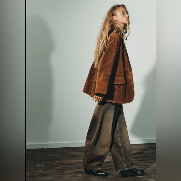 NWT ZW Zara Brown Pig Leather Suede Women's Jacket Blazer Belt M-L Toffee 4341 - Picture 3 of 7